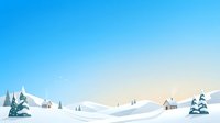 Snowy winter landscape with rolling hills, evergreen trees, and scattered cottages under clear blue sky at sunrise or sunset.