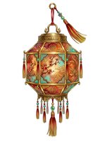 Ornate Asian lantern with brass metalwork, turquoise panels, and red silk tassels featuring traditional painted scenes. Isolated on white background, ready for design use.
