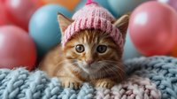 Ginger cat wearing pink knitted winter hat lying on cozy gray knitted blanket with colorful pastel balloons in background, looking at camera with bright eyes.