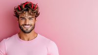 Young Hispanic man with curly hair and beard wearing pink t-shirt, showing bright smile against pink background. Positive emotional portrait for lifestyle and fashion content.