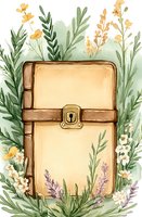 Vintage leather diary with brass lock surrounded by watercolor wildflowers, yellow buttercups, lavender sprigs and green foliage on soft sage background.