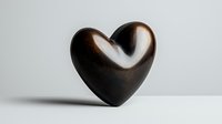 Dark wooden heart shape on white background with soft shadow, minimalist romantic design element for valentines and love concepts.