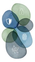 Abstract cybersecurity concept with overlapping watercolor circles featuring shield, lock, fingerprint and network icons on white background.