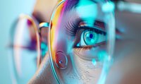 Close-up macro shot of blue eye behind eyeglasses with rainbow light reflections and bokeh effects creating dreamy atmospheric mood for optical and vision concepts.