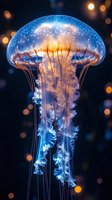Luminescent jellyfish with glowing orange and blue translucent body floating in dark waters, surrounded by bokeh lights creating magical underwater atmosphere.
