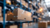 Floating cardboard box with glowing digital network points in modern warehouse interior. Smart logistics and supply chain automation concept. Innovative delivery system.