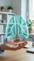 Holographic lungs floating above open palm in modern office setting. Medical healthcare concept with glowing respiratory system anatomy for wellness and pulmonary health.