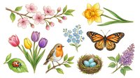 Spring garden elements collection featuring pink cherry blossoms, yellow daffodils, colorful tulips, robin bird, monarch butterfly, bird nest with eggs, lilac flowers, forget-me-nots and ladybug. Isolated botanical illustrations for design projects.