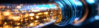 Fiber optic cable with glowing light transmission, showcasing high-speed internet technology and digital data flow in telecommunications network.