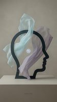 Silhouette of human head profile with flowing translucent fabrics in mint green and lavender, black outline, geometric diamond symbol, mental tech concept for innovation and mindfulness design.