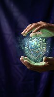 Hands holding glowing shield with ornamental leaf design and magical sparkles against dark blue background, representing protection, nature, wellness, and spiritual energy for healing concepts.