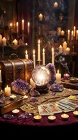 Mystical fortune teller table with crystal ball, tarot cards, amethyst crystals, burning candles and ancient chest creating atmospheric divination scene.