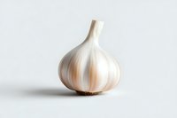 Fresh whole garlic bulb on white background with soft shadow, minimalist food photography composition for culinary and healthy eating concepts.