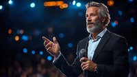 Mature bearded Caucasian male speaker in suit holding microphone gestures during presentation against blurred bokeh lights background, professional business event.