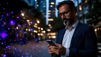 Middle-aged Caucasian businessman with gray beard and glasses checking smartphone at night, with glowing purple network visualization overlay in urban setting.
