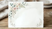 Blank greeting card with soft pink roses, eucalyptus leaves, and fern sprigs in watercolor style corners, suitable for weddings, invitations, and stationery design.
