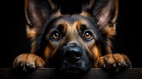 German Shepherd dog with paws on dark surface looking up with soulful eyes against black background, dramatic portrait showing loyalty and intelligence.