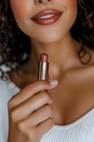 Close up of glossy brown lipstick and smiling lips of young mixed race woman with curly hair wearing white sweater, holding metallic lipstick tube.