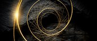 Golden geometric spiral tunnel with intricate wireframe structure creating depth and perspective on dark textured background with bright light source.