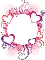 Romantic heart frame with decorative swirls and watercolor splashes in pink and purple tones for Valentine's Day cards and wedding invitations.
