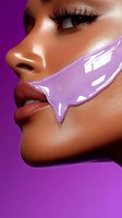 Close-up profile of African American woman's face with dramatic false eyelashes and glossy purple liquid makeup dripping from lips against vibrant purple background.