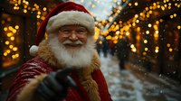 Cheerful senior man in traditional red and white Christmas costume with natural white beard smiling at camera against blurred holiday lights background.