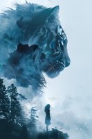Mystical double exposure of giant cat profile merged with silhouette of young woman in forest landscape against moody teal sky with falling snow.