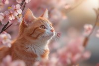 Ginger cat with white chest gazing upward among blooming pink cherry blossoms in spring, soft bokeh background creates dreamy atmosphere.