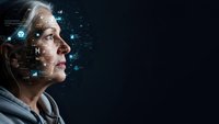 Senior Caucasian woman with gray hair looking up thoughtfully surrounded by glowing digital network icons and data visualization elements on dark background.