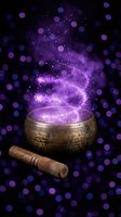 Tibetan singing bowl with wooden mallet releasing magical purple energy swirls and sparkles against dark bokeh background for meditation and healing.