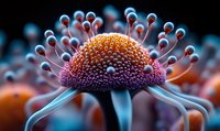 Macro view of microscopic organism with orange spherical center and protruding blue-tipped stalks against dark background, scientific visualization in vibrant colors.