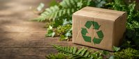 Cardboard box with green recycling symbol surrounded by fresh ferns on wooden surface. Eco-friendly packaging and sustainable shipping concept for environmental awareness.