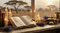 Open ancient book with botanical illustrations surrounded by glowing candles and dried lavender on rustic wooden table at golden hour sunset.