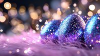 Glittering blue Christmas ornaments on soft pink feathers with magical bokeh lights creating dreamy holiday atmosphere. Festive decorative background.