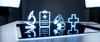 Modern healthcare technology concept with medical icons on tablet screen including microscope, clipboard, pills and cross symbols for digital health applications.
