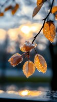 Orange autumn leaves covered with morning dew drops against sunrise background, reflection in water surface creates dreamy natural atmosphere.