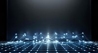 Connected nodes forming network structure on digital grid with glowing blue lights, representing data flow, communication, and technology infrastructure for web design and digital connectivity projects.