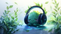 Cute green creature with closed eyes wearing headphones floating in magical water surrounded by glowing leaves and nature elements. Digital art style fantasy illustration.