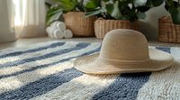 Straw sun hat on blue and white striped carpet near window with houseplants in wicker baskets, creating cozy summer home atmosphere. Natural daylight setting.