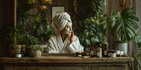 Young woman in white bathrobe and towel turban enjoying spa skincare routine with natural cosmetics in botanical bathroom setting for wellness lifestyle.