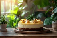 Creamy caramel cheesecake with decorative toppings on wooden board against blurred green houseplants background, soft natural lighting creates cozy atmosphere.