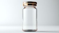 Empty glass jar with copper metallic screw lid on white background, minimalist composition for food storage and preservation packaging design.