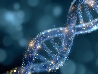 Glowing DNA helix structure with sparkling particles on dark blue background, scientific genetic concept visualization for medical and biotechnology designs.