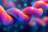 Vibrant spiral DNA molecule structure in pink, orange and blue colors with detailed texture and bokeh background effect, scientific genetic research concept.
