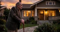 Senior Caucasian man with walking cane standing in front of suburban home during golden hour sunset, retirement lifestyle and aging in place concept.