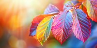 Vibrant autumn leaves in pink, purple and yellow hues against blurred bokeh background, macro nature photography showing detailed leaf texture and veins.