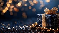 Elegant gift box with golden bow against dark background with glowing bokeh lights and burning candles creating magical holiday atmosphere.