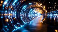 Futuristic glowing tunnel with blue and orange light streaks creating dynamic motion effect, reflective surface and particle effects for technology backgrounds.
