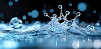 Crown-shaped water splash with droplets frozen in time against dark background, creating dynamic liquid sculpture with blue tones and bokeh effects. Macro photography.