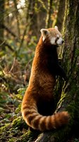 Red panda standing on moss-covered tree trunk in natural forest habitat with soft bokeh background and warm autumn lighting for wildlife photography.